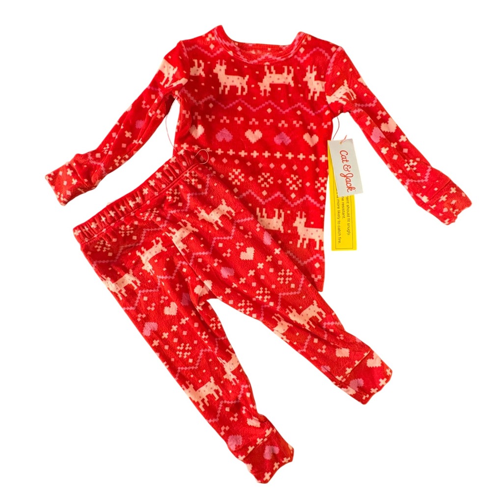 Cat & Jack Toddler Pajamas 18M Red‎ Fair Isle Reindeer Fleece PJ Set Velour NWT